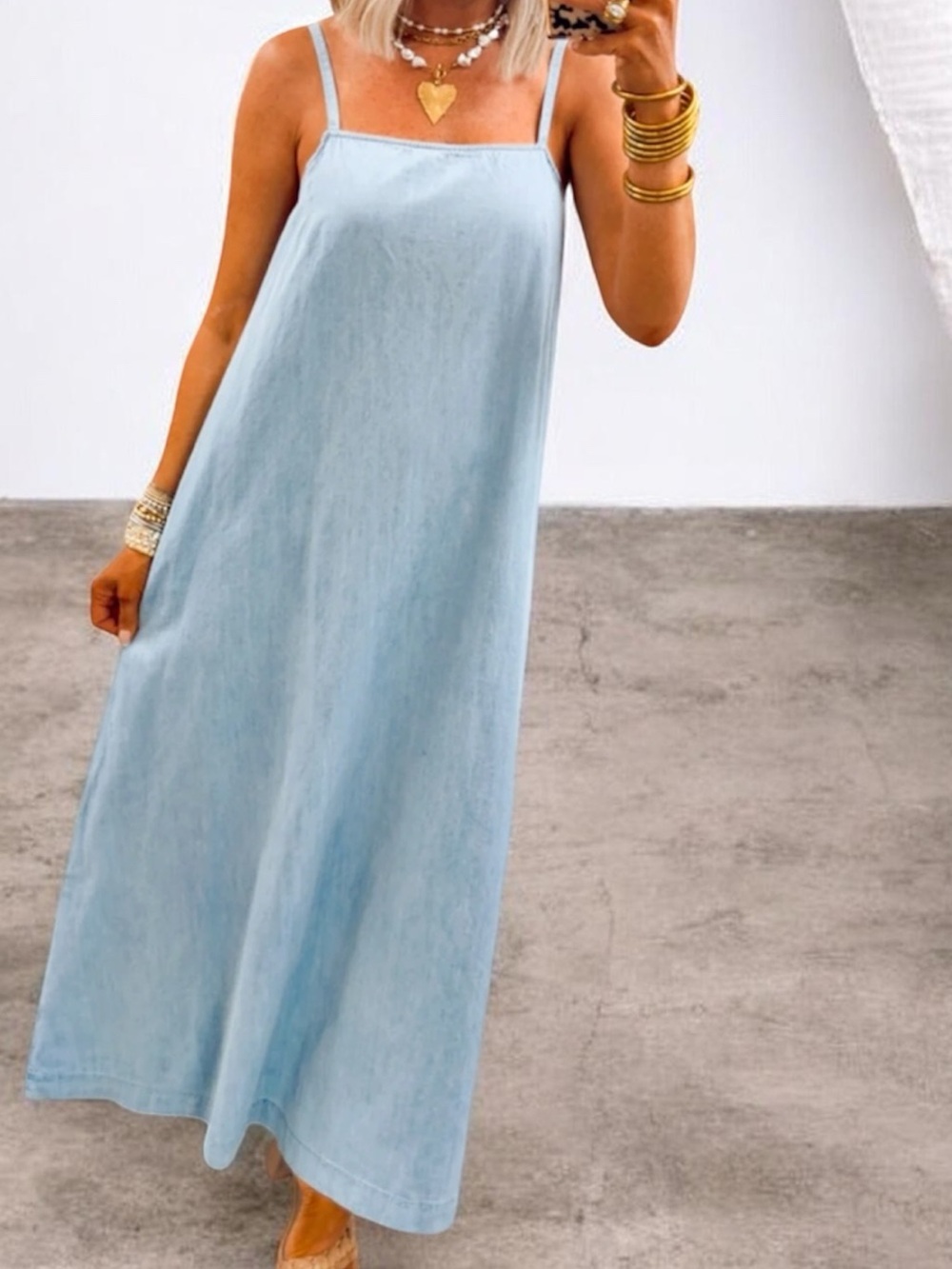 Sage the label Light Blue Slip Maxi Dress with Spaghetti Straps denim chambray
